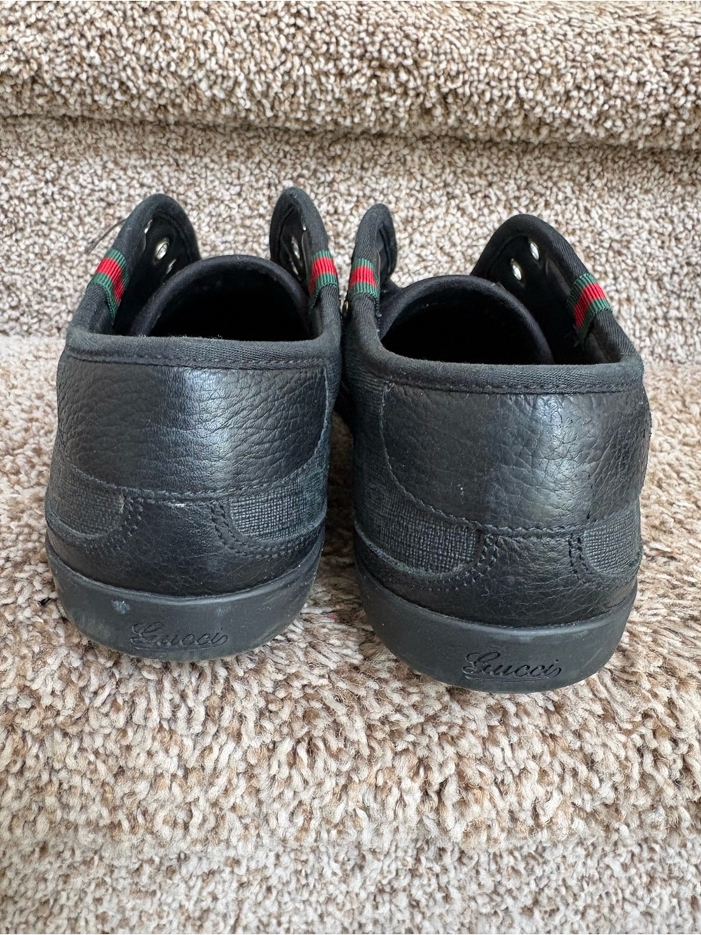 Gucci Women’s Black Leather Lace up Sneakers with Green-Red Heel Trim - Picture 6 of 14